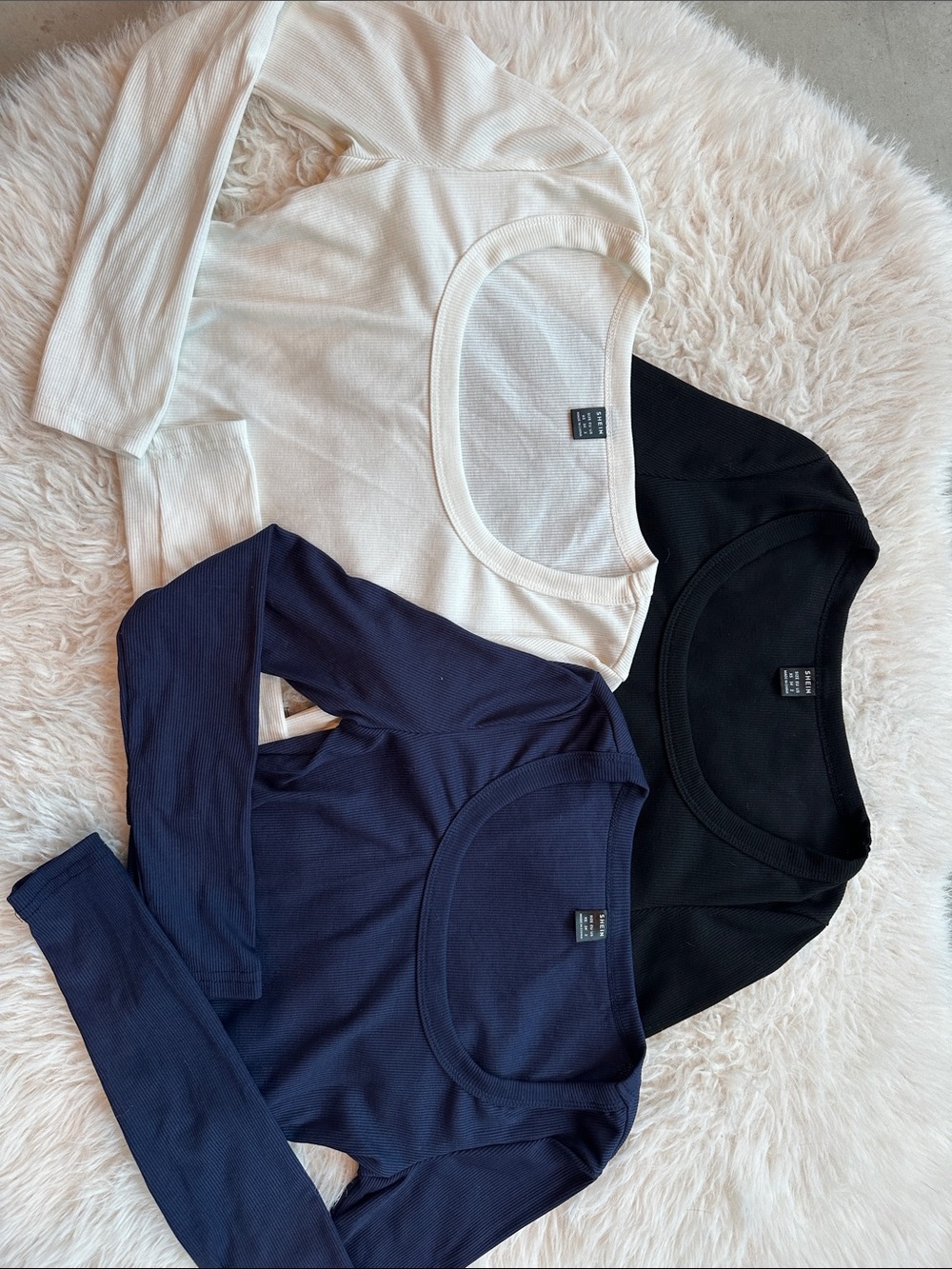 Ribbed Scoop Neck Crop Long Sleeve Top — Black, White, Navy